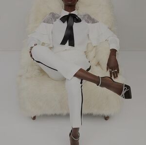 NWT White and Black Lace Bow Button Up Shirt Size L